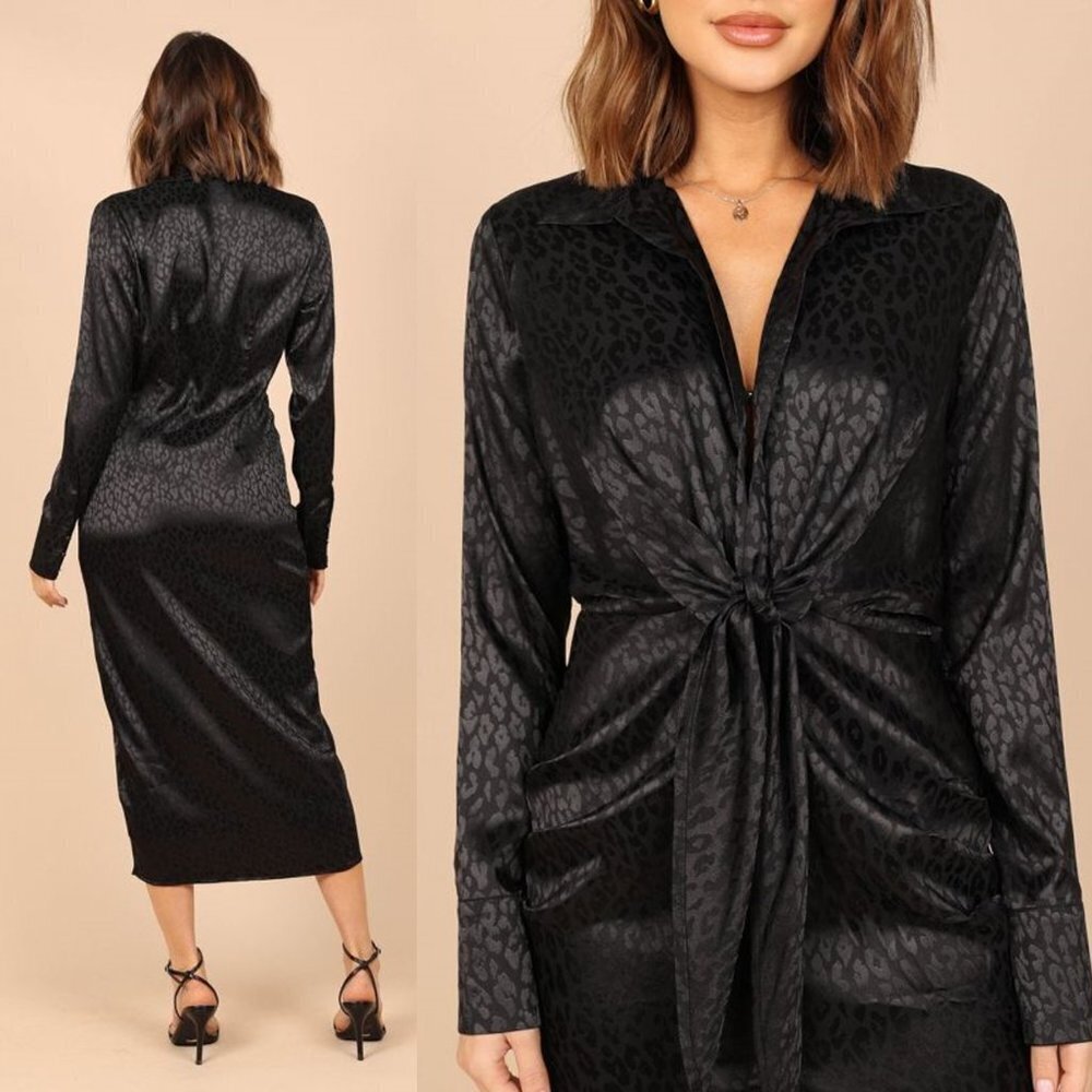 Petal & Pup NEW Tanzy Satin Formal Collared Shirt Dress in Black Leopard Size XS - Picture 2 of 12